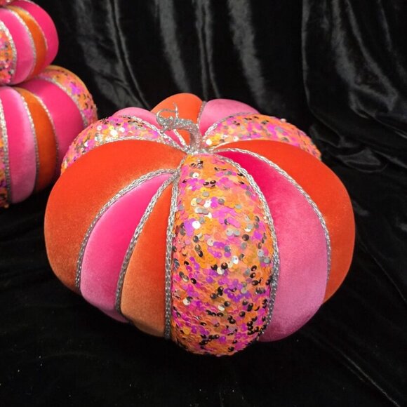 Glam Velvet Pumpkins, XLarge Orange, Hot Pink & Sequin Pumpkin w Silver Glitter